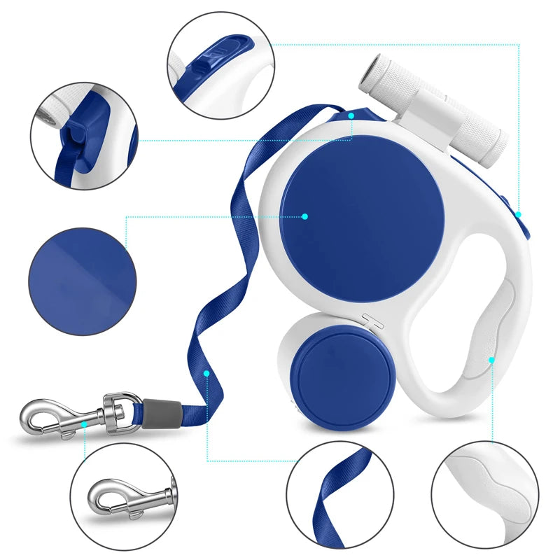 Benepaw 3-in-1 Retractable Dog Leash With LED Flashlight Poop Bag Holder Heavy-Duty Puppy Pet Lead For Walking, Hiking Travel