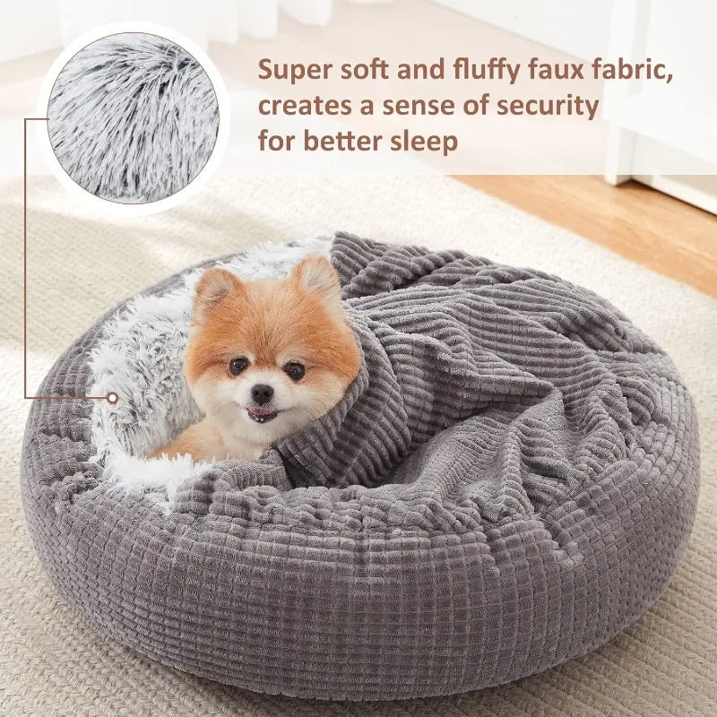 Small Dog Bed with Blanket Attached, Round Calming Hooded Cozy Cave Dog Beds for Small Dogs, Soft Plush Cuddler Puppy Pet Bed