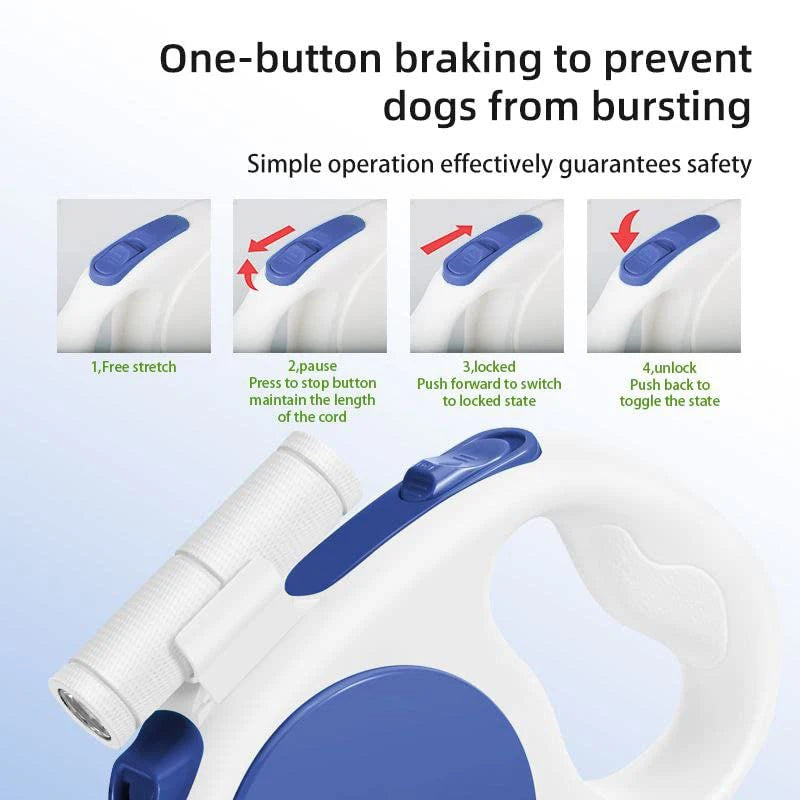 Benepaw 3-in-1 Retractable Dog Leash With LED Flashlight Poop Bag Holder Heavy-Duty Puppy Pet Lead For Walking, Hiking Travel