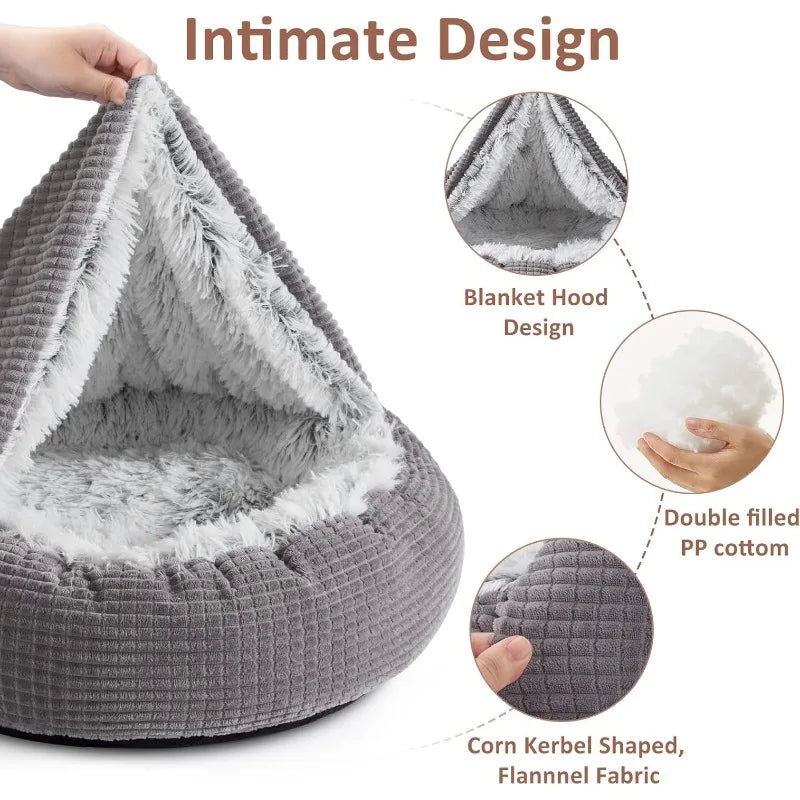Small Dog Bed with Blanket Attached, Round Calming Hooded Cozy Cave Dog Beds for Small Dogs, Soft Plush Cuddler Puppy Pet Bed
