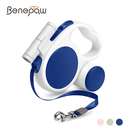 Benepaw 3-in-1 Retractable Dog Leash With LED Flashlight Poop Bag Holder Heavy-Duty Puppy Pet Lead For Walking, Hiking Travel